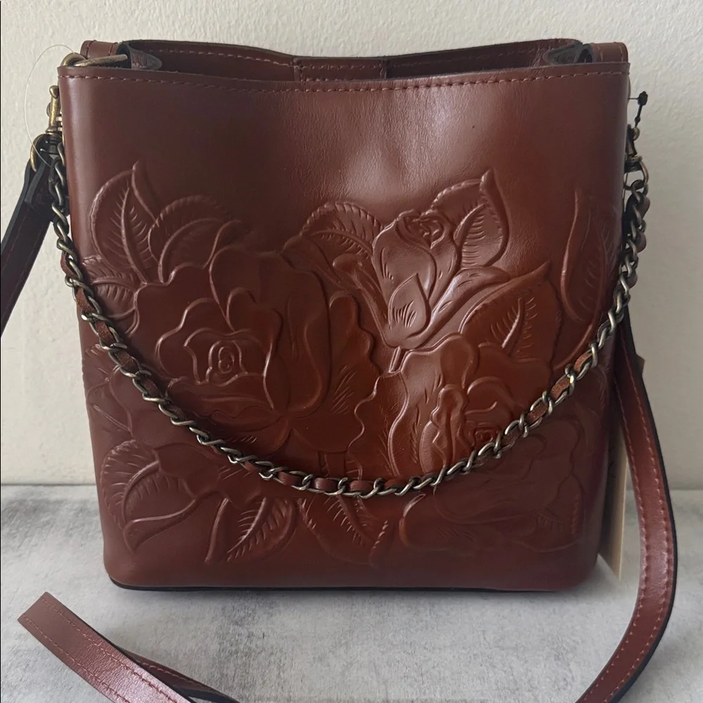 Patricia Nash Tooled Leather Ledra Bucket Crossbody Tote Handbag Tan